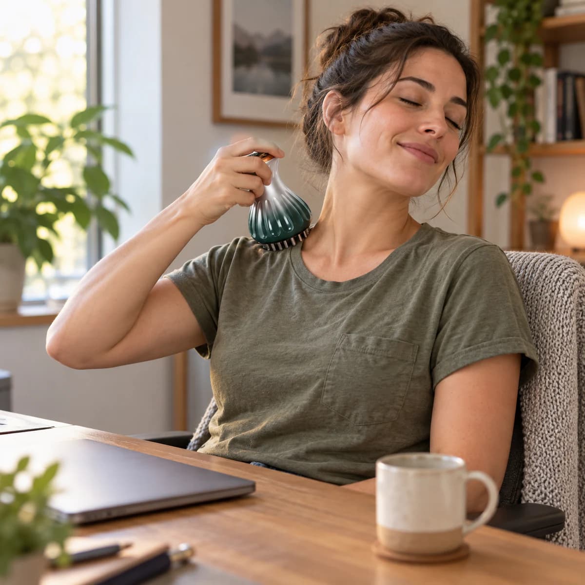Customer using the Abitmax massager after a desk day