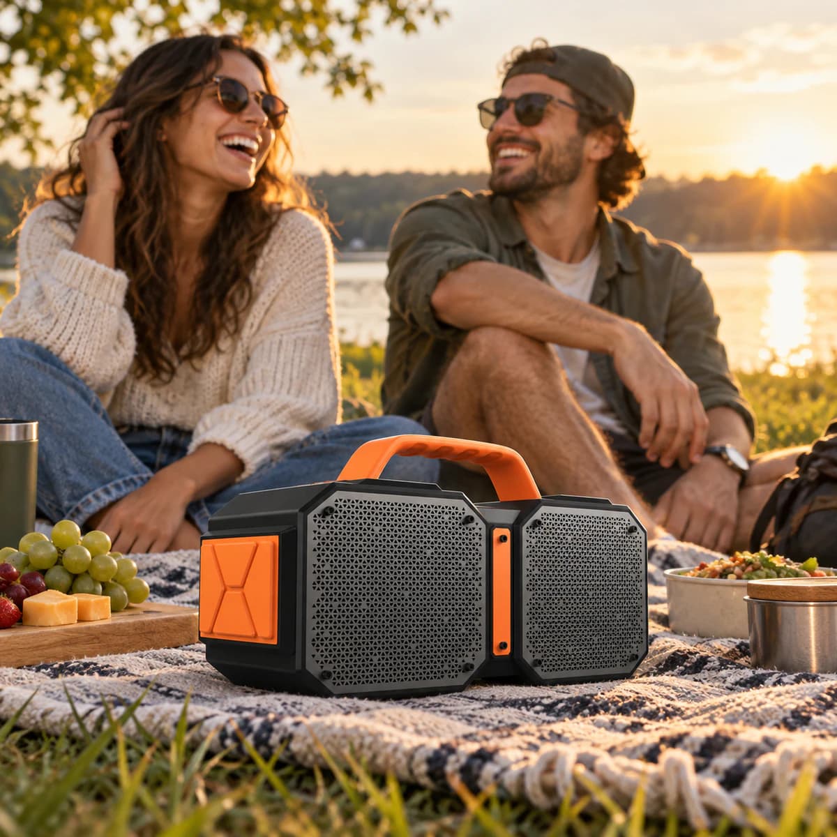 Friends listening to the Abitmax speaker beside a lake