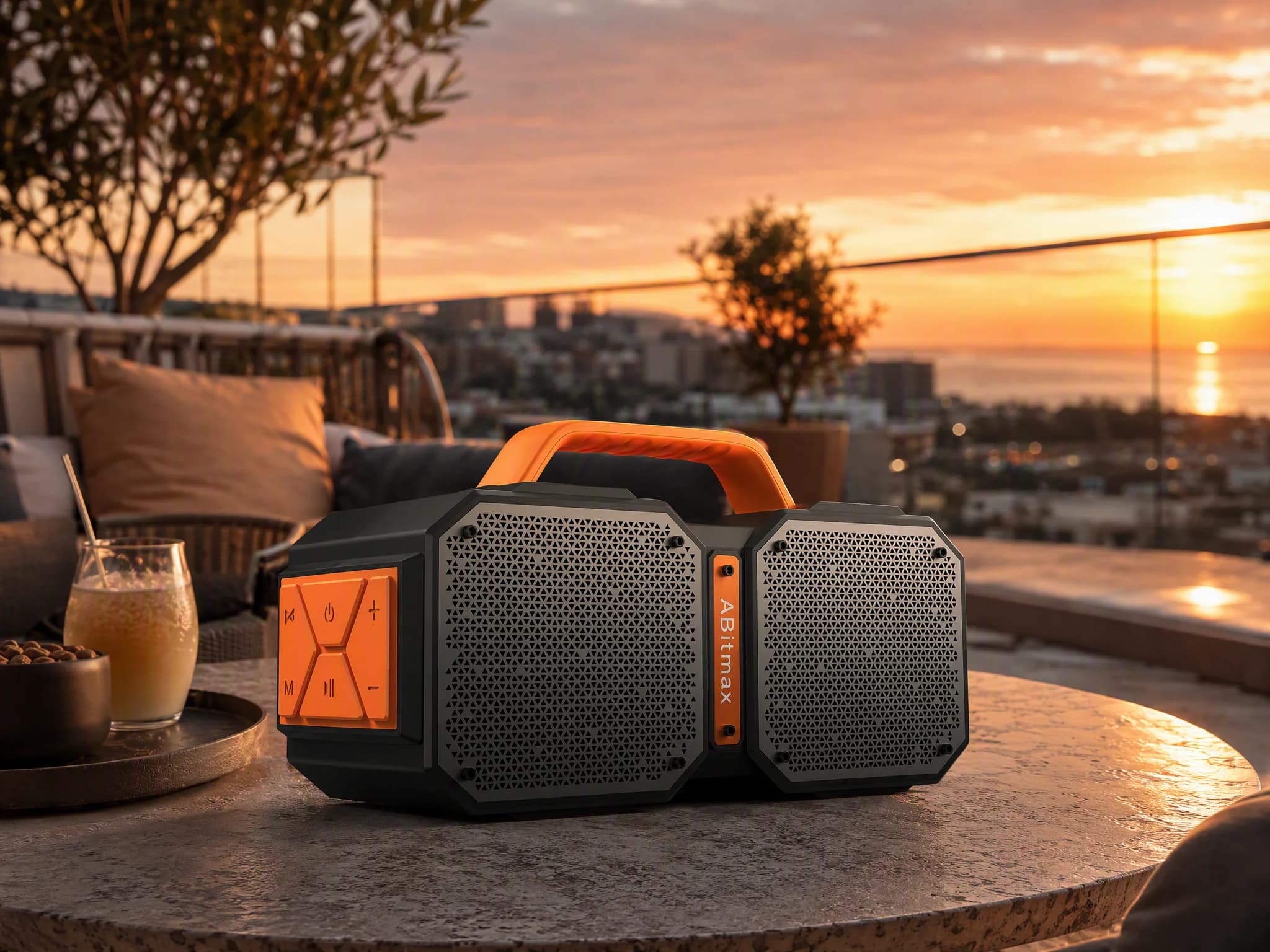 Abitmax Shock wireless speaker playing outdoors at sunset